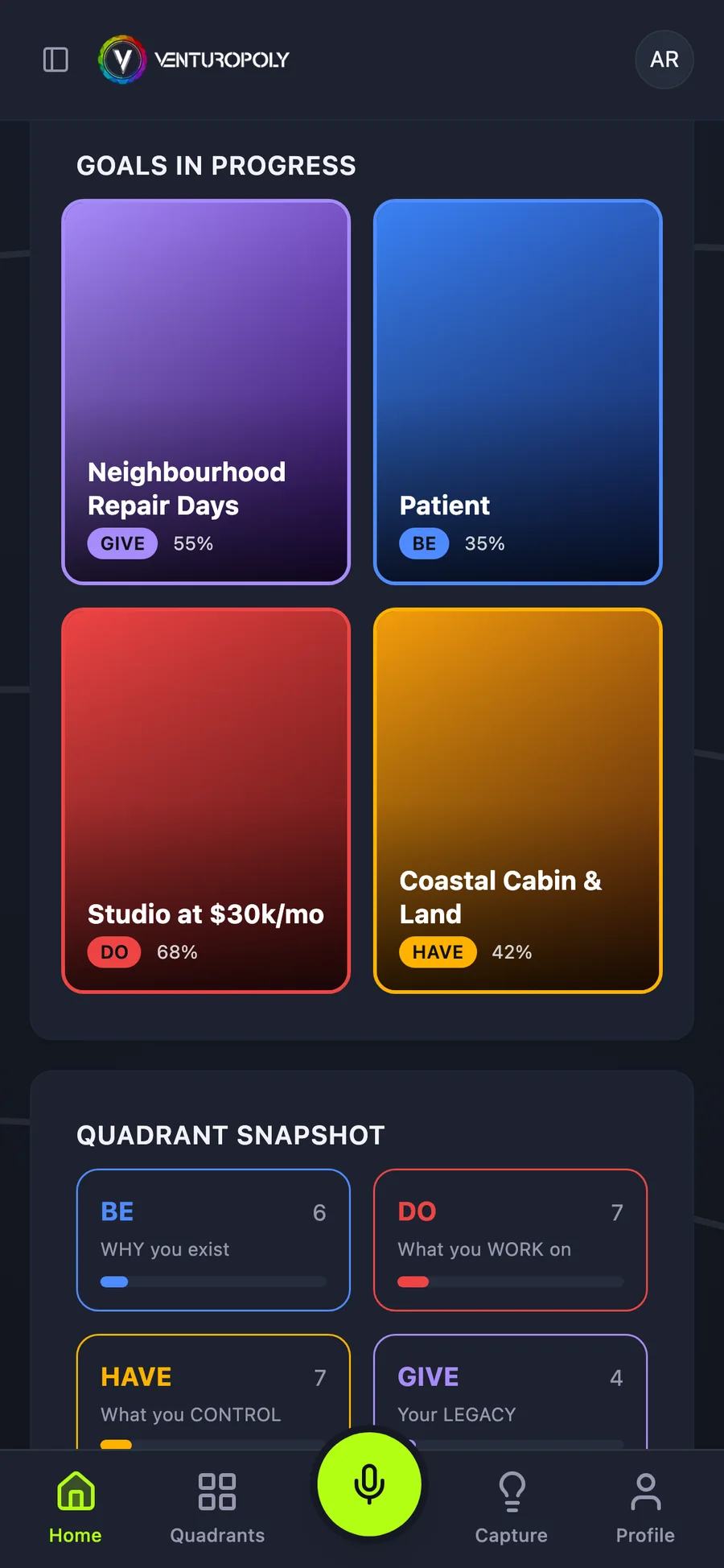 Venturopoly goals screen with four goals in progress and a quadrant snapshot